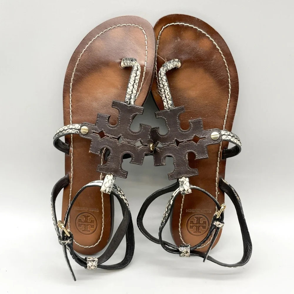Tory Burch Womens 8M Miller Thong Sandals Brown Snakeskin Leather Flat Preppy
